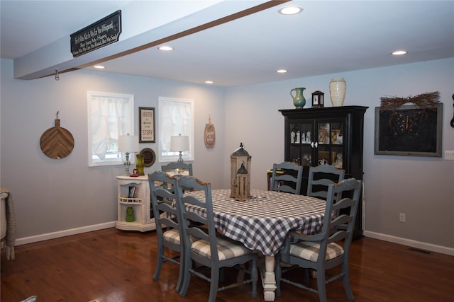 dining area featuring visible vents, baseboards, recessed lighting, and dark wood-type flooring