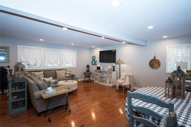 living area featuring baseboards, wood finished floors, and recessed lighting