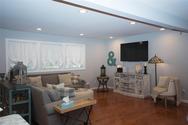 living area with baseboards, wood finished floors, and recessed lighting