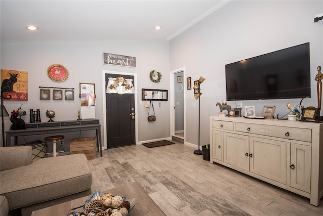 living room featuring recessed lighting, baseboards, lofted ceiling, and light wood-style flooring