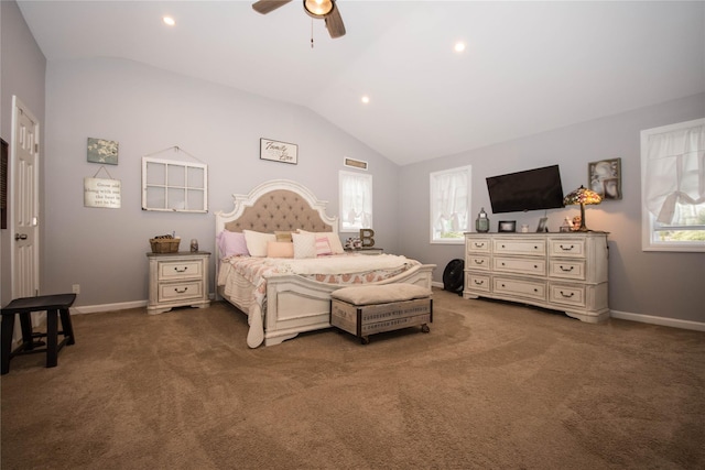 bedroom featuring recessed lighting, lofted ceiling, carpet floors, baseboards, and ceiling fan