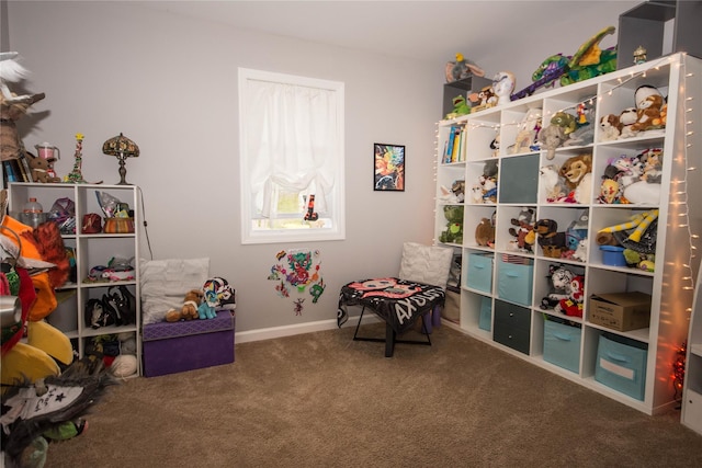 game room featuring baseboards and carpet flooring