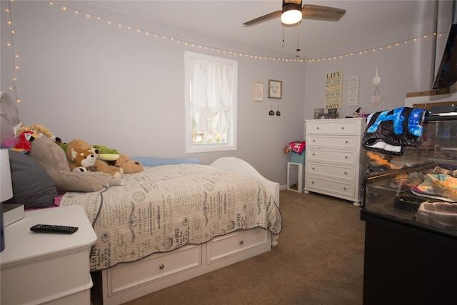 bedroom featuring dark colored carpet