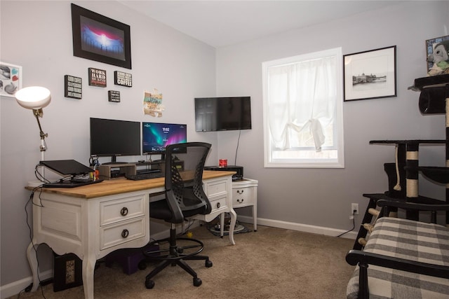 home office with baseboards and carpet floors