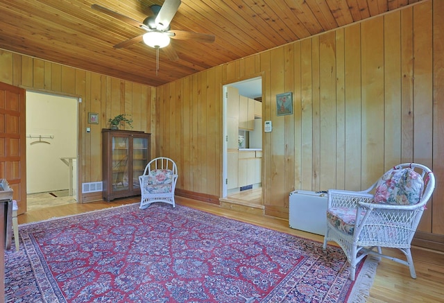 120 Locust Dr, Nyack, NY 10960 - sitting room with ceiling fan, wood finished floors, wooden walls, and wood ceiling