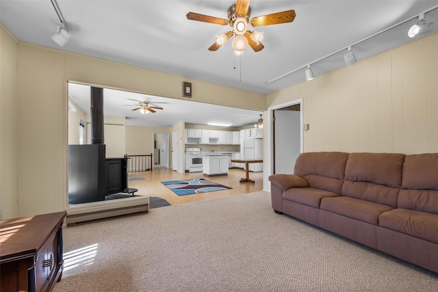44 Nottingham Gate Rd, Rock Hill, NY 12775 - living room with rail lighting, a wood stove, and ceiling fan