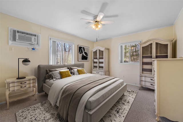 44 Nottingham Gate Rd, Rock Hill, NY 12775 - carpeted bedroom featuring baseboards, a wall mounted AC, and ceiling fan