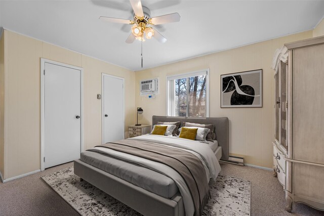 44 Nottingham Gate Rd, Rock Hill, NY 12775 - bedroom featuring a wall mounted AC, baseboard heating, baseboards, a ceiling fan, and light colored carpet