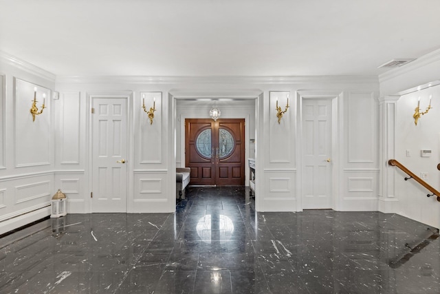 187 Jackson Ave, Pelham, NY 10803 - foyer entrance featuring a decorative wall, crown molding, granite finish floor, and visible vents