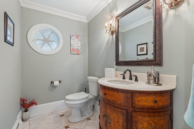187 Jackson Ave, Pelham, NY 10803 - half bath featuring tile patterned floors, toilet, vanity, ornamental molding, and baseboard heating