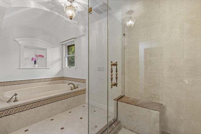 187 Jackson Ave, Pelham, NY 10803 - full bathroom with a garden tub, tile patterned floors, a stall shower, and visible vents