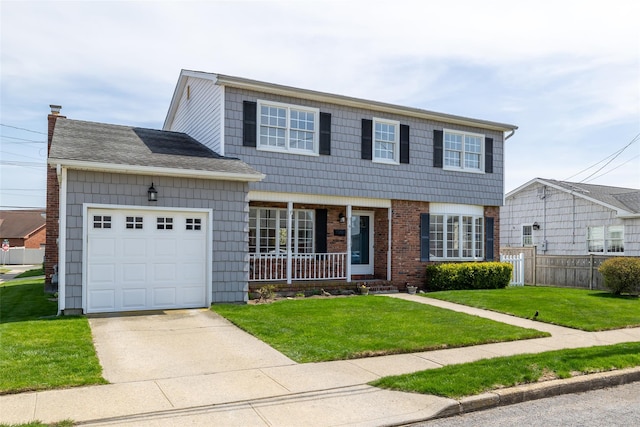 view of front facade with concrete driveway, covered porch, fence, a front lawn, and a garage