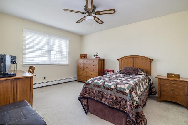 bedroom with a baseboard radiator, ceiling fan, and light carpet