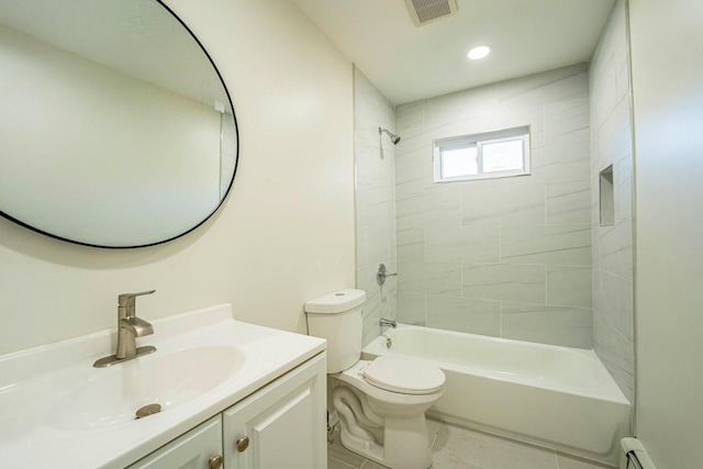 full bathroom with vanity, shower / tub combination, visible vents, baseboard heating, and toilet