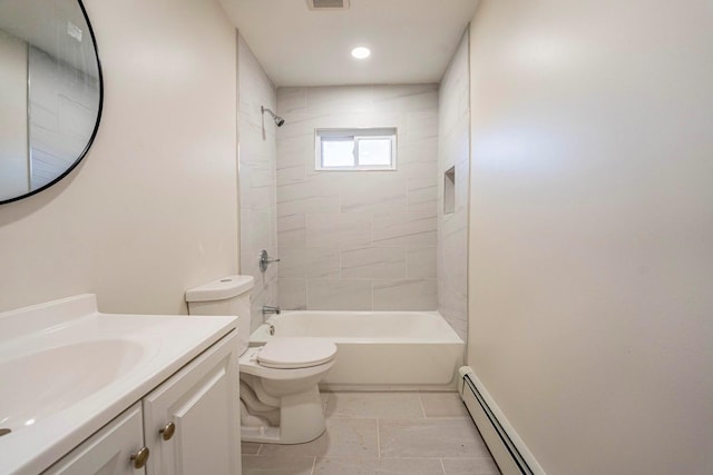 full bathroom featuring visible vents, toilet, a baseboard radiator, vanity, and bathing tub / shower combination