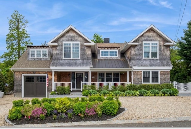 8 Hilltop Dr, Bayville, NY 11709 - shingle-style home featuring a gate, a porch, a garage, a standing seam roof, and fence