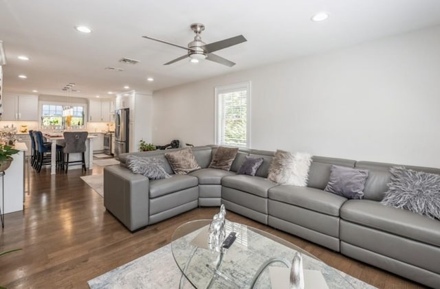 8 Hilltop Dr, Bayville, NY 11709 - living area with dark wood-style flooring, a ceiling fan, visible vents, and recessed lighting