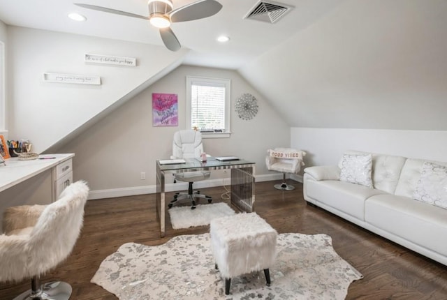 8 Hilltop Dr, Bayville, NY 11709 - office area featuring wood finished floors, baseboards, a ceiling fan, and visible vents
