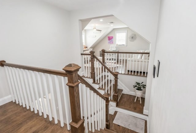 8 Hilltop Dr, Bayville, NY 11709 - stairway featuring wood finished floors, baseboards, a ceiling fan, and recessed lighting
