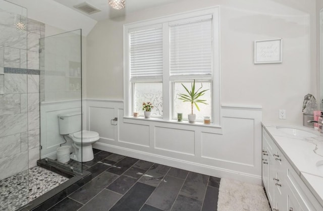 8 Hilltop Dr, Bayville, NY 11709 - bathroom with a wainscoted wall, toilet, a walk in shower, visible vents, and a sink