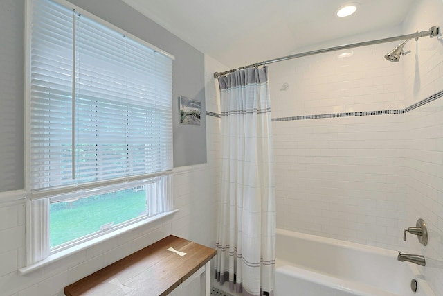 12 Heath Rd, Valhalla, NY 10595 - bathroom with shower / tub combo, wainscoting, and recessed lighting
