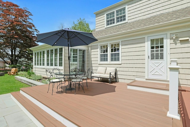 12 Heath Rd, Valhalla, NY 10595 - wooden terrace with outdoor dining area