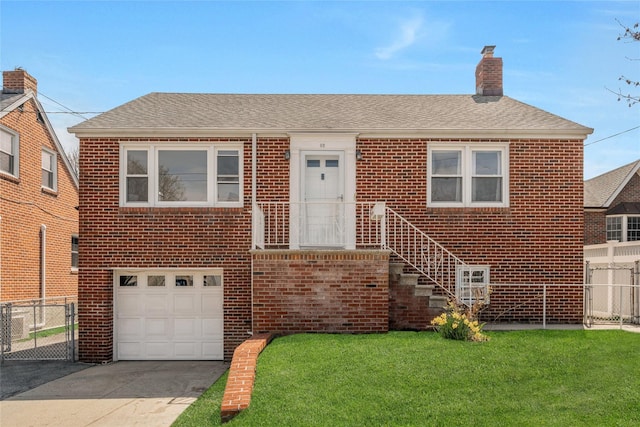 view of front facade with brick siding, concrete driveway, a garage, and fence