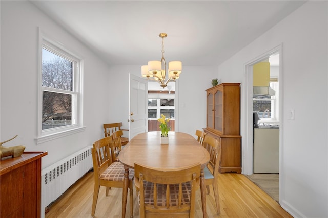 dining room with radiator heating unit, plenty of natural light, a chandelier, and light wood-type flooring