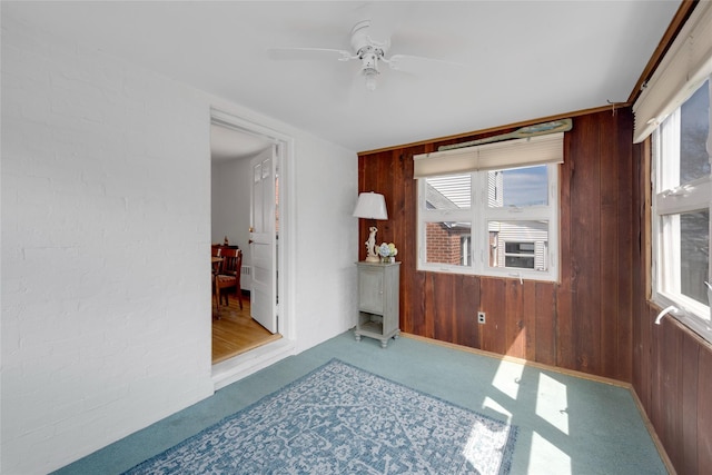 unfurnished room with wood walls, carpet flooring, and plenty of natural light