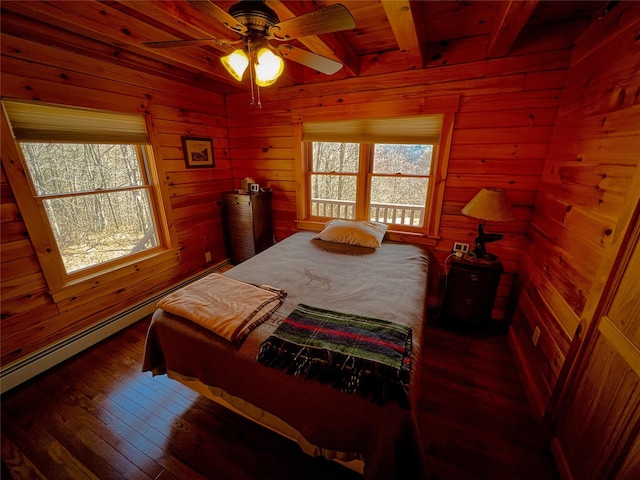 bedroom featuring wood walls, wooden ceiling, hardwood / wood-style floors, and beam ceiling