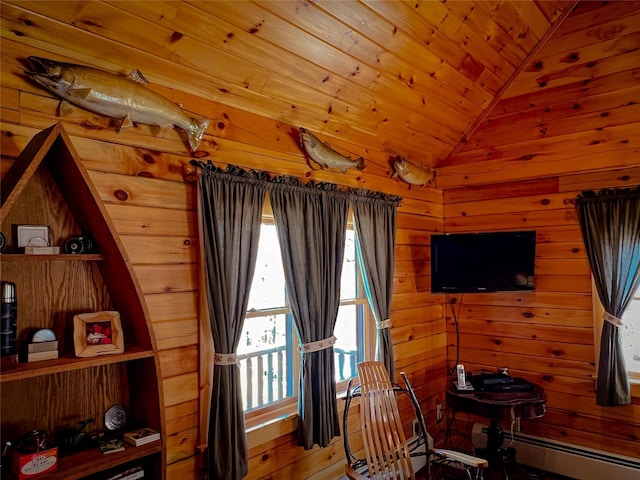 interior space featuring wood walls, a baseboard heating unit, wooden ceiling, and lofted ceiling