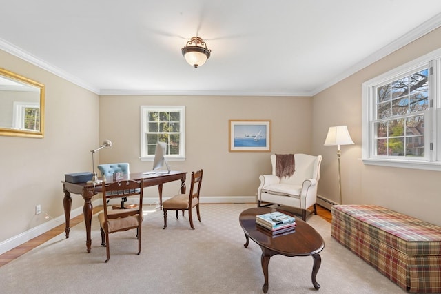 office space with ornamental molding, a healthy amount of sunlight, and a baseboard radiator