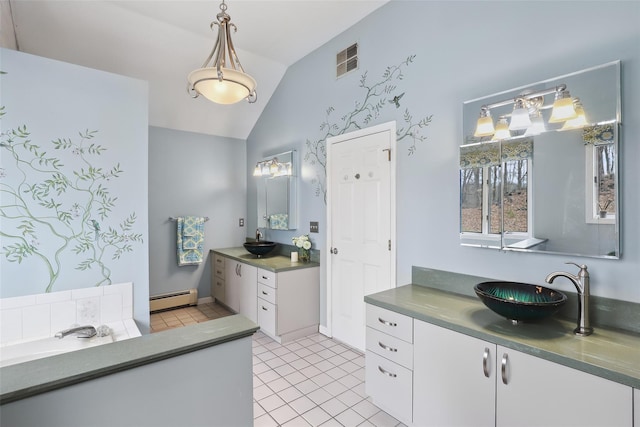 13 Cross Rd, Cortlandt Manor, NY 10567 - bathroom with a baseboard heating unit, vaulted ceiling, tile patterned flooring, and two vanities