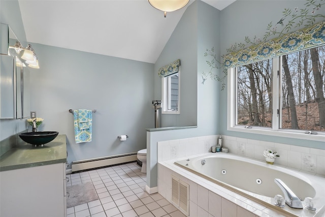 13 Cross Rd, Cortlandt Manor, NY 10567 - bathroom featuring baseboard heating, a tub with jets, tile patterned floors, toilet, and vanity