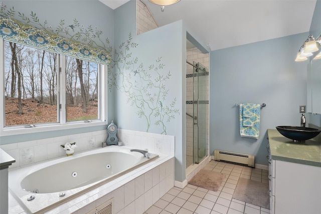 13 Cross Rd, Cortlandt Manor, NY 10567 - full bath with a baseboard radiator, a shower stall, a tub with jets, tile patterned flooring, and lofted ceiling