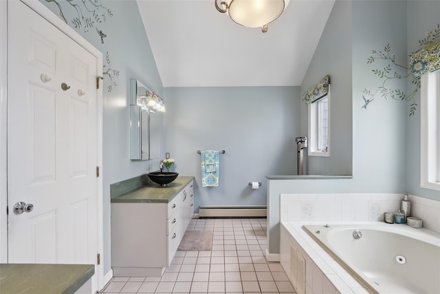 13 Cross Rd, Cortlandt Manor, NY 10567 - bathroom with vaulted ceiling, a whirlpool tub, vanity, a baseboard radiator, and tile patterned floors