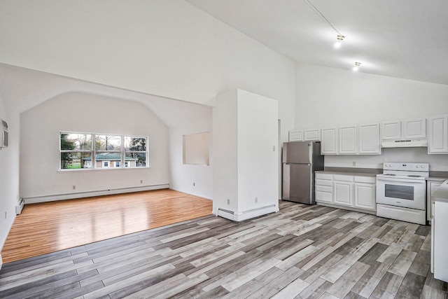 kitchen with freestanding refrigerator, under cabinet range hood, white electric stove, open floor plan, and a baseboard radiator