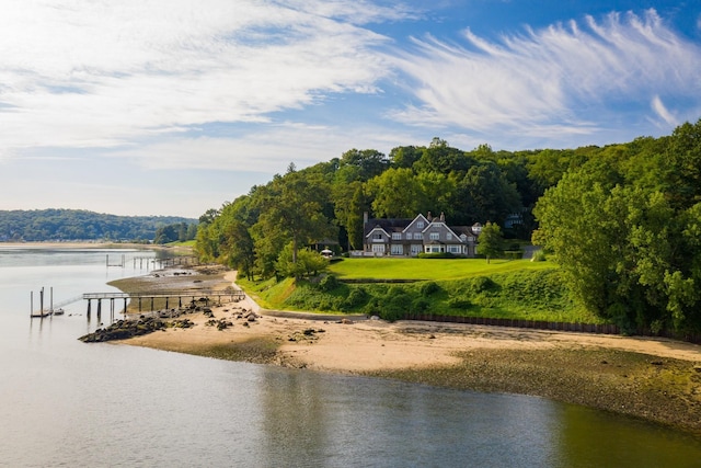 water view featuring a wooded view and a boat dock