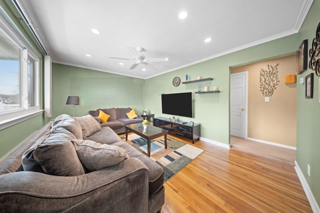 2 Lee Ave, Albertson, NY 11507 - living area featuring ceiling fan, light wood-style flooring, ornamental molding, recessed lighting, and baseboards