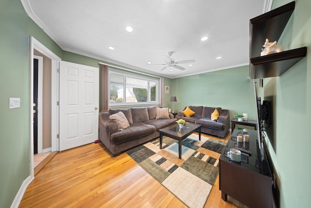 2 Lee Ave, Albertson, NY 11507 - living room featuring a ceiling fan, light wood-type flooring, ornamental molding, and recessed lighting