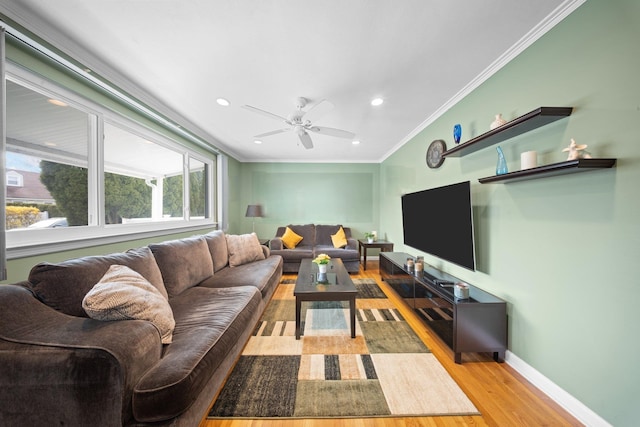 2 Lee Ave, Albertson, NY 11507 - living room with baseboards, ornamental molding, ceiling fan, recessed lighting, and wood finished floors