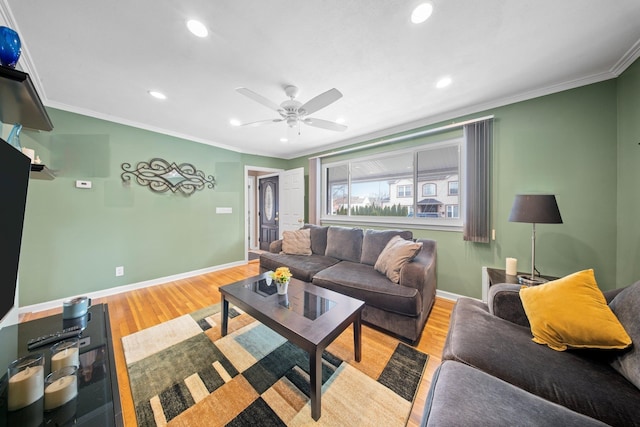 2 Lee Ave, Albertson, NY 11507 - living area with baseboards, ceiling fan, crown molding, recessed lighting, and wood finished floors