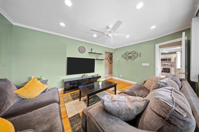 2 Lee Ave, Albertson, NY 11507 - living room with ornamental molding, ceiling fan, recessed lighting, and wood finished floors