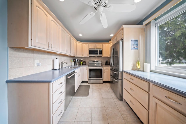 2 Lee Ave, Albertson, NY 11507 - kitchen with ceiling fan, recessed lighting, appliances with stainless steel finishes, decorative backsplash, and light brown cabinets