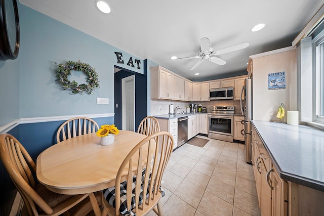 2 Lee Ave, Albertson, NY 11507 - kitchen featuring ceiling fan, light tile patterned floors, recessed lighting, stainless steel appliances, and decorative backsplash