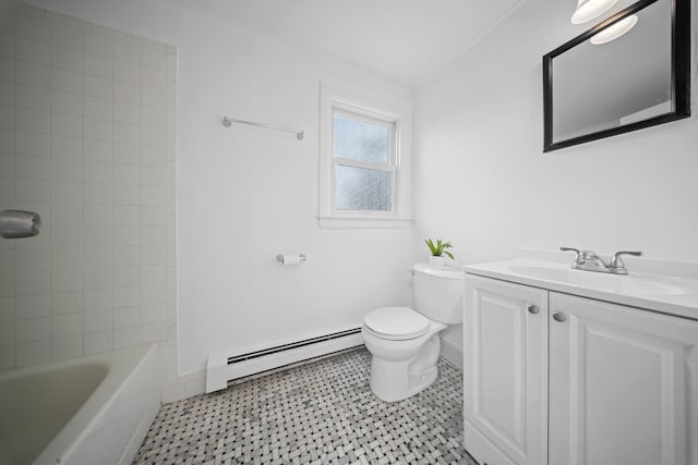 2 Lee Ave, Albertson, NY 11507 - bathroom featuring toilet, a baseboard heating unit, baseboards, and vanity