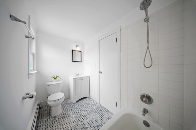 2 Lee Ave, Albertson, NY 11507 - bathroom featuring shower / bathing tub combination, vanity, toilet, a baseboard heating unit, and baseboards
