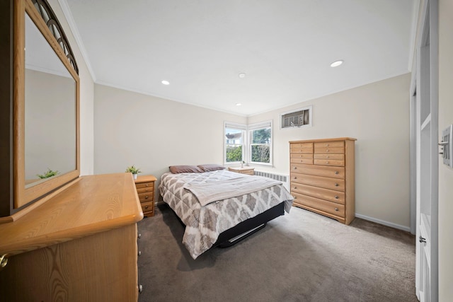 2 Lee Ave, Albertson, NY 11507 - bedroom with crown molding, radiator heating unit, recessed lighting, and carpet flooring