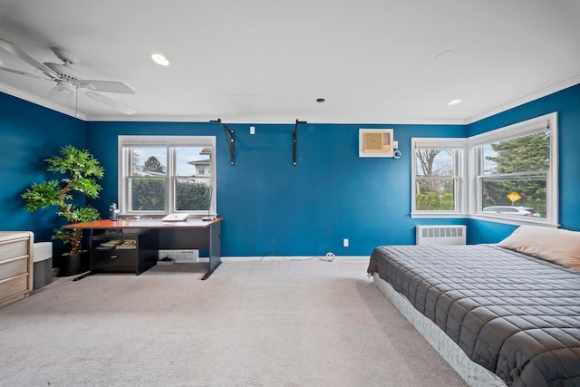 2 Lee Ave, Albertson, NY 11507 - carpeted bedroom with a wall mounted air conditioner, recessed lighting, baseboards, and crown molding