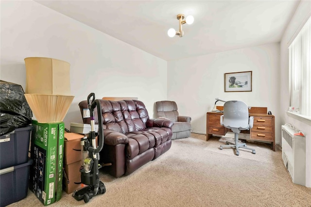 carpeted office with radiator heating unit